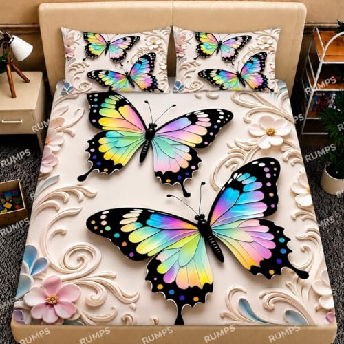Image of RUMPS 7D Colorful Butterfly Printed Flat Bedsheet King Size 90x100 Inch with 2 Pillow Covers 16x26 Inch | Floral Microfiber Double Bedsheet | Luxury Designer Bedsheet
