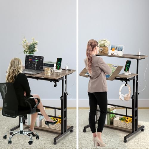 Image of Hadulcet Rolling Stand Up Desk Adjustable Height - Portable Standing Desk with Wheels & Charging Station, Mobile Laptop Desk Small Standing Desk Drawing Table, Grey
