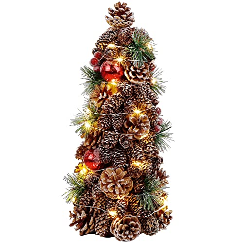 DR.DUDU Mini Christmas Tree, 16 Inch Pre-Lit Table Top Christmas Tree, Small Artificial Christmas Pine Cone Tree with 20 LED Lights, Xmas Tree with Red Ball Ornaments for Table Kitchen Holiday Decor