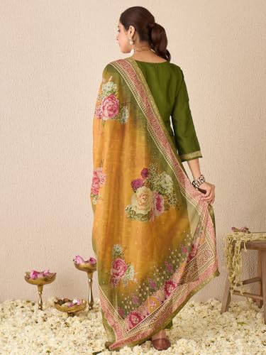 Image of INDO ERA Women's Straight Silk Blend Ethnic Motifs Printed Kurta & Pant With Dupatta Set (IESTR10385)