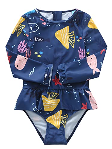 Image of Aisyee Baby Girls One Piece Swimsuits Long Sleeve Rash Guard Swimshirts