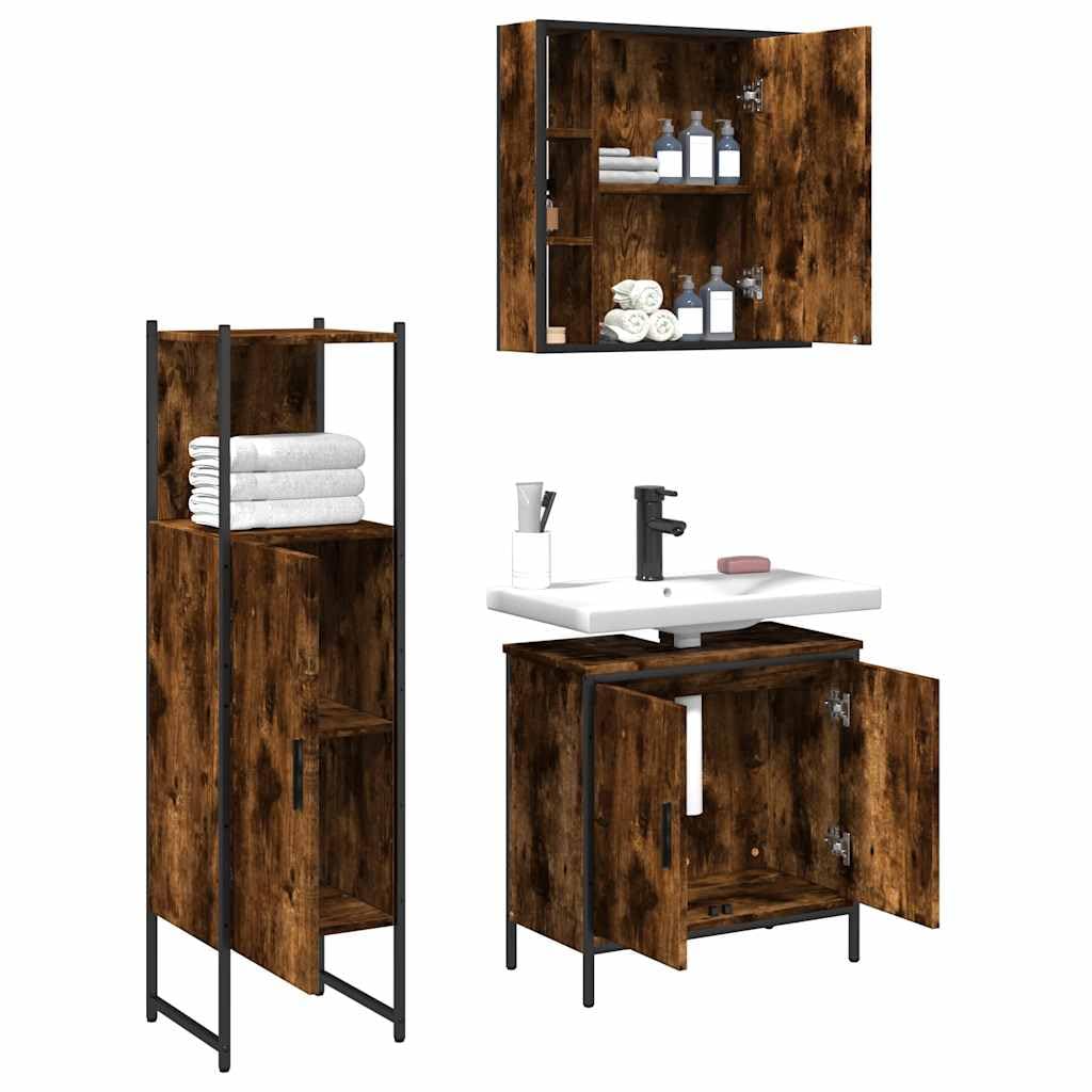 3-teiliges Badmöbel-Set Räuchereiche Holzwerkstoff für Badezimmer mit Stauraum Spiegel und Unterschrank, platzsparende Garnitur mit höhenverstellbaren Beinen und Wandmontage