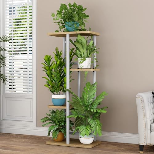 Image of LINZINAR Plant Stand Indoor 4 Tier 5 Potted Multiple Plant Shelf Stands for Garden Corner Balcony Living Room White