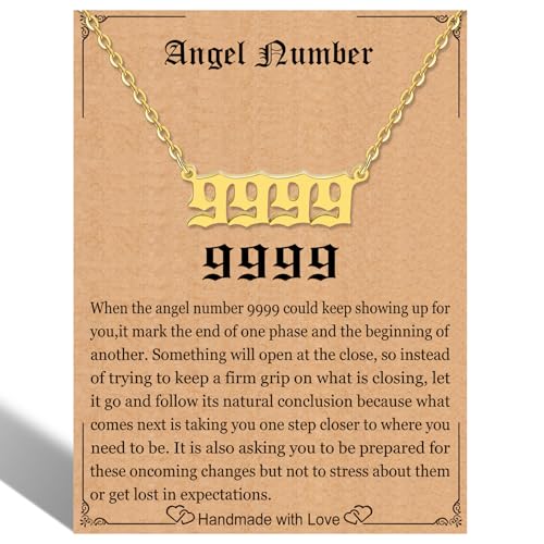 RWQIAN Angel Number Gold 9999 Necklace For Women,Dainty Gold Plated Number 9999 Pendant Choker Chain Numerology Jewelry Necklace Gifts for Women Girls