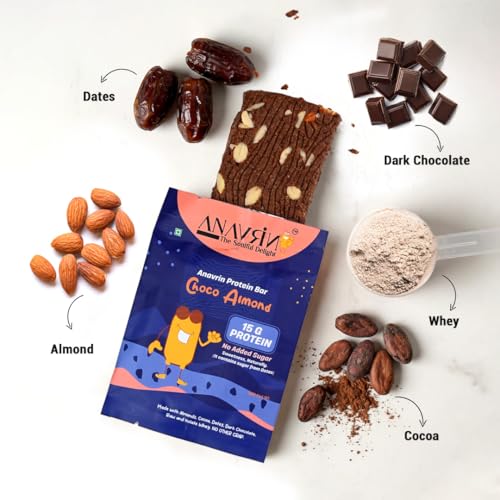 Image of ANAVRIN Choco Almond Protein Bar - 15g Protein, 5g Fibre with Goodness of Dates (6 Bars x 50gm) No Added Sugar, No Soy, No Preservatives Gluten Free Energy Bar, Healthy Snack
