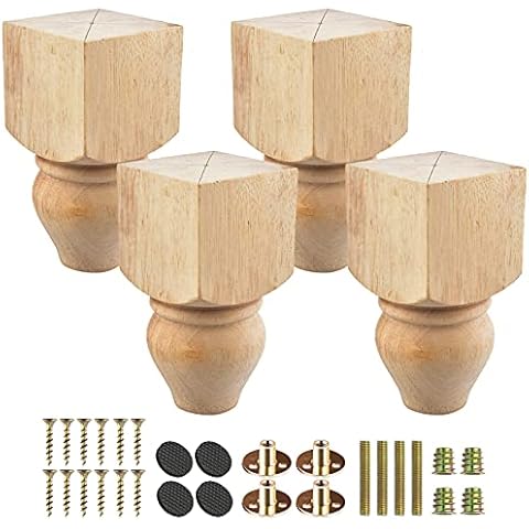 5 inch / 12cm Wooden Furniture Legs, Tchosuz Pack of 4 Unfinished Solid Wood Turned DIY Replacement Bun Feet with M8 Hanger Bolts & T-Nuts or Sofa Couch Cabinet Recliner Ottoman Riser Cover