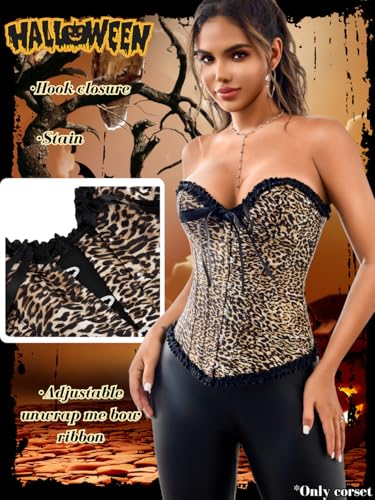 Women's Leopard Print Satin Corset, Lace-Up Shapewear Overbust Bustier Festival Night Out Halloween Tops4