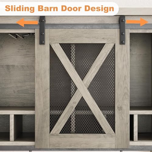 Garvee Farmhouse Wine Cabinet, Coffee Bar Sideboard Cabinet Storage, Console Table with Sliding Barn Doors, Entryway Table with Glass Rack for Kitchen Dining Room Hallway, 46.5 inches Long, Grey
