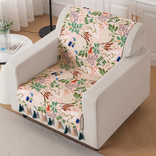 Image of HOKIPO Sofa Cover with Tassel for 1 Seater Sofa | Full Protection for Seat and Back | Printed Holland Velvet Fabric | 'Whispers of Nature' (160x60 cm), Beige Woodland Bloom (IN-1125-D4)