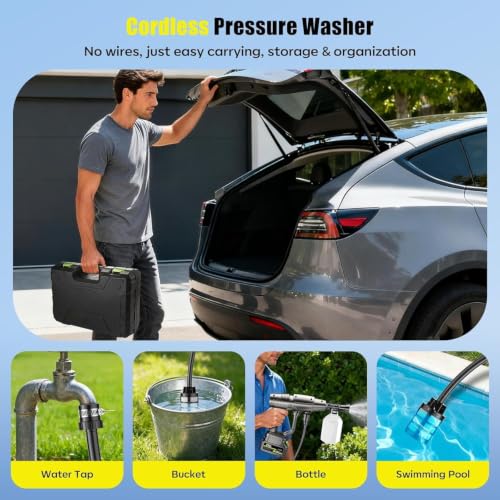 Image of πͺπ’π’π ππ¬ Cordless ππΆπ΄π΅ π£πΏπ²ππππΏπ² Washer Gun π°π΄π© Portable Car Washer with Double Battery, π±π Water Hose, Foam Bottle & Multi-Nozzle Spray Gun for Car, Bike, Garden & Home Cleaning