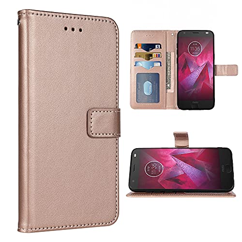 FDCWTSH Compatible with Moto Z2 Force Wallet Case Wrist Strap Lanyard Leather Flip Cover Card Holder Stand Cell Accessories Phone Cases for Motorola MotoZ2Force Droid MotoZ2 Z2Force Z 2 2Z Rose Gold