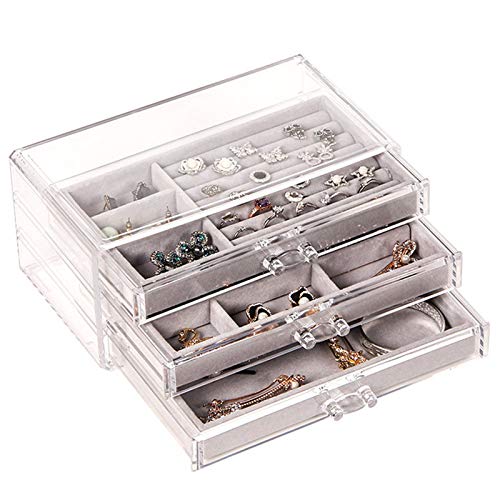 Wollet Acrylic Jewelry Box 3 Drawers, Velvet Jewellery Organizer, Earring Rings Necklaces Bracelets Display Case Gift for Women, Girls