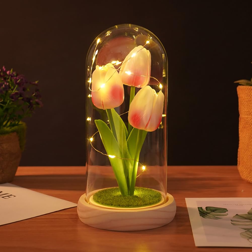 Hapihom Women's Pink Flower 8.3Inch Tulip Flower Gifts For Led Tulip Flowers In Glass Dome Forever Glass Tulip Gifts For Mom Grandma Wife Friends For Valentines Day Anniversary Christmas Birthday