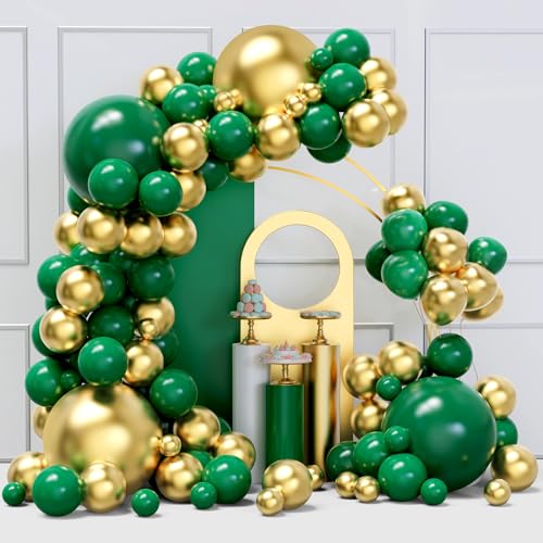 Image of Green and Gold Balloons Arch Garland Kit, 134pcs Metallic Gold and Dark Green Balloons with Different Size for Birthday, Graduation, St. Patrick's Day, Baby Shower, Jungle Party Decorations