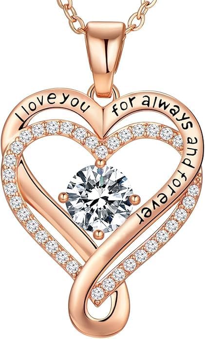 Birthstone Infinity Heart Necklace for Women, S925 Sterling Silver Rose Gold Pendant, Jewelry Gift for Wife, Girlfriend, Mom, Daughter, Anniversary Birthday Valentine’s Day