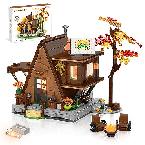 HOGOKIDS A-Frame Cabin Building Set with LED Light - 683 PCS Wood Cabin House Building Block Kit Friends Jungle Camping Model Ideas Gift for Teens, Kids, Girls and Boys Aged 6 7 8 9 10+ Years Old