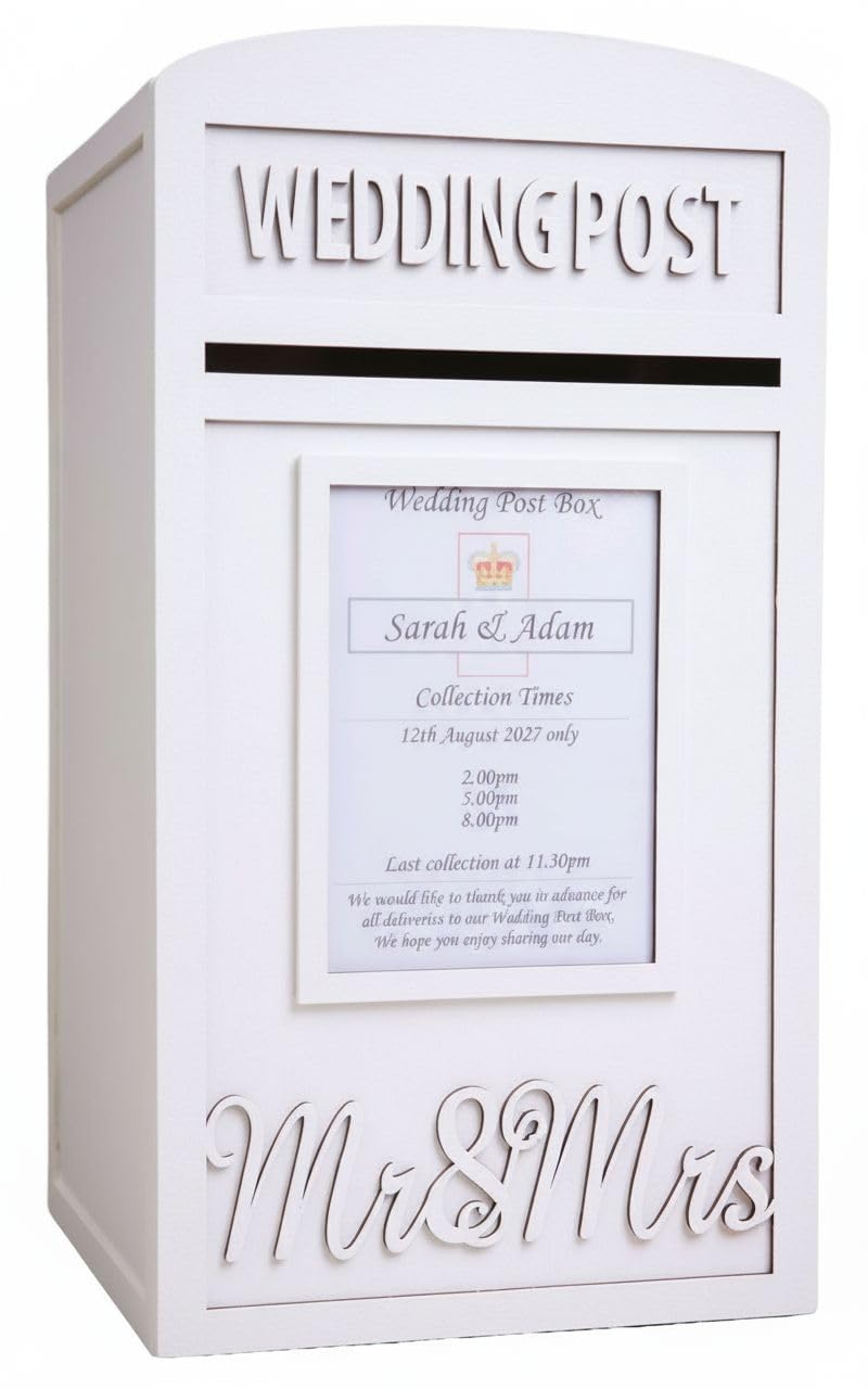 Large Personalised White Wooden Wedding Card Post Box With Padlock & Keys, Locking Postbox, Royal Mail Events Cards Box, Wedding Card Box For Reception
