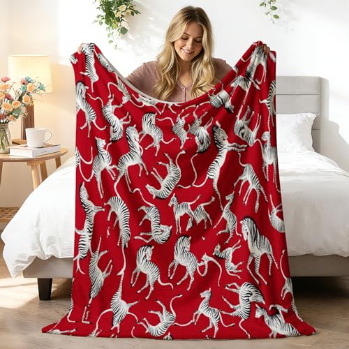 Cozy Red Zebra Pattern Throw Blanket for Couch and Bed, Soft Flannel Plush Fleece Material Animal Print Design for Sofa Cover, Warm Decorative Blanket for Adults, Home Office Dorm Use (30'×40')