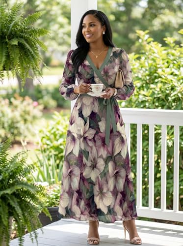 Image of SUZONANA Plus Size Dresses for Women Floral Print Maxi Dress Flowy 3 /4 Sleeve with Belt