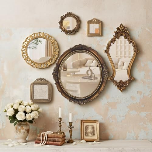 Beeveer 6 Pcs Vintage Gold Wall Mirror Set Luxury Gallery Wall Mirror Decorative Hanging Antique Decor for Living Room Entryway Wedding Bedroom Bathroom Victorian Decor (Baroque,Gold)