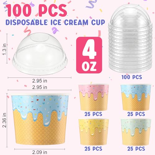 Image of Jingmore 100 Count Paper Ice Cream Cups with Clear Dome Lids Disposable Dessert Cups Bulk Dessert Bowls Sundae Containers for Snack Yogurt Soup Birthday Ice Cream Party Supplies (4 oz)