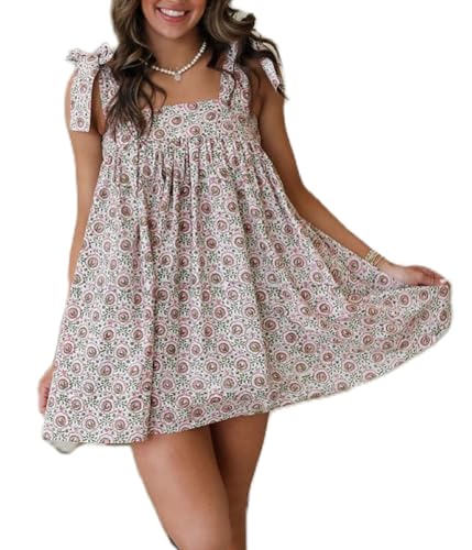 Image of Women Floral Tie Shoulder Mini Dress Cute Square Neck Loose Fit Beach Short Dress Backless Boho Vocation Sundress
