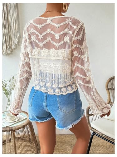 OYOANGLE Women's Plus Size Floral Appliques Long Sleeve Button Front Sheer Cardigan Lightweight See Through Outerwear3