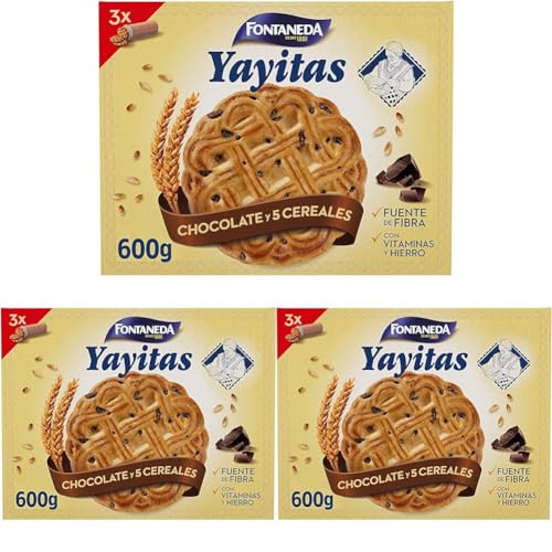 Fontaneda Yayitas Galletas de 5 Cereales con Pepitas de Chocolate enriquecidas con Vitamina B1, B2, B3, B5, B6 y Hierro, 600 g (Paquete de 3)