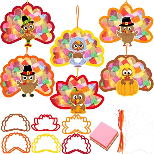 Ceiba Tree 24Pcs Thanksgiving Suncatcher Crafts for Kids Turkey Fall Craft with Turkey Cutouts and Tissue Paper Autumn DIY Window Stained Glass Art Kit Party Classroom Supplies