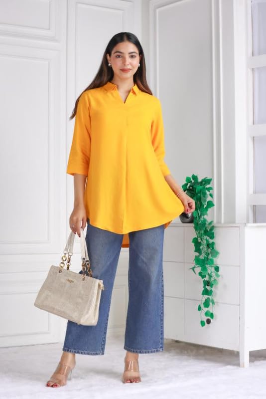 Image of Mlada Rayon Flare Top for Women | 3 /4th Sleeve Regular Fit and Flare Top | Women Office Tops Tunic | Western Long Shirt Top for Women | Shirt Collar Top for Women | Rayon Tunic Tops for Women Western