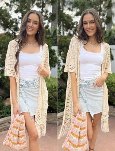 HOTOUCH Womens Knit Cardigan Open Front Outwear Hollow Out Crochet Tassel Lightweight Kimonos Sweater S-XXL3