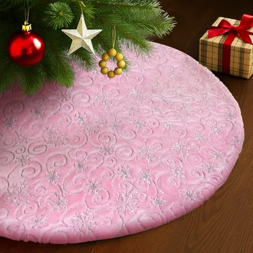 DegGod Faux Fur Christmas Tree Skirts,24 inches Pink Faux Fur with Silver Snowflakes with Circle for Xmas New Year Home Party Decorations (60CM,PinkSilver)