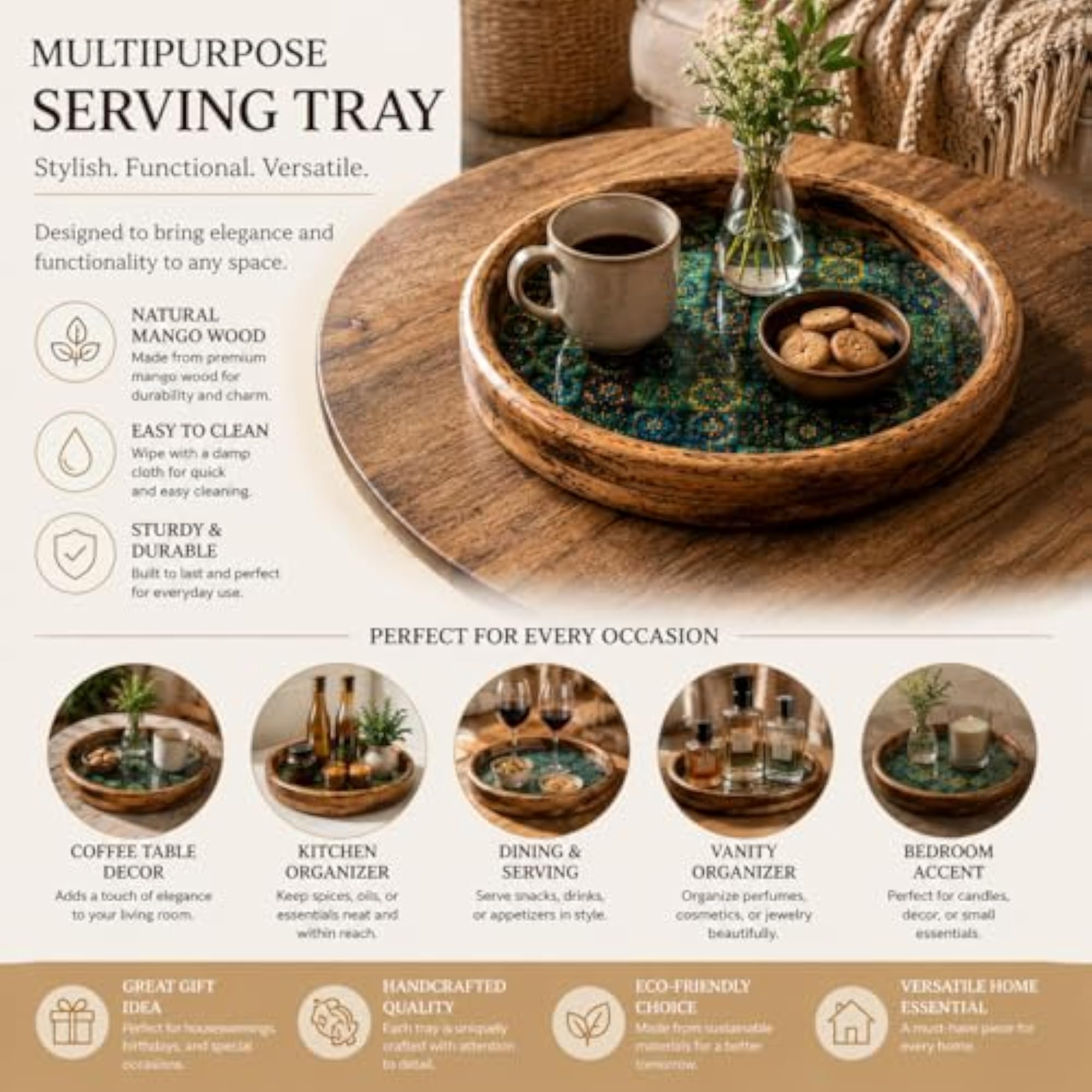 Royal Bloom Mango Wood Serving Tray, Elegant Design