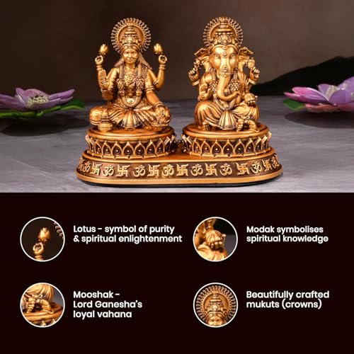 Image of Laxmi Ganesh Idol for Car Daseboard Home Temple and Office Spiritual Polyresin Dhan Sidhi Lakshmi Ganesh Murti for Pooja Diwali Gift Symbol of Wealth Wisdom Golden Finish Statue