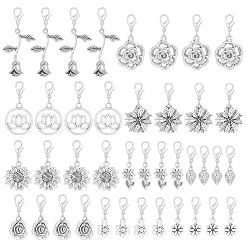 GOMAKERER 40 pièces 10 styles Fleur Fermeture Éclair Breloque, Pendentif de Fermeture à Glissière en Alliage Floral Tirette de Fermeture à Glissière Languette de Fermeture à Glissière pour Bagages
