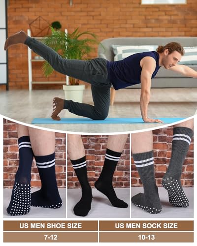 Sintege 6 Pairs Non Slip Grip Crew Socks for Men Athletic Striped Non Skid Gripper Socks for Elderly Hospital Home Yoga Pilates 7-123