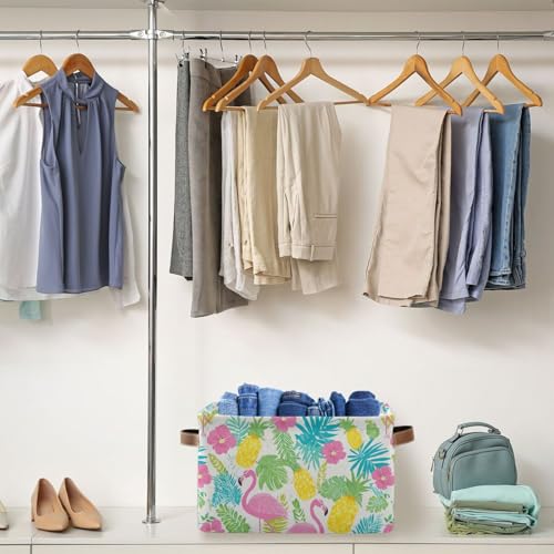 Image of Aslsiy Storage Basket Summer Flamingo Hibiscus Nursery Bins Tropical Leaf Pineapple Baby Box Canvas Clothes Shelf Basket Laundry Hamper Gift Basket for Home Closet 1 Pcs