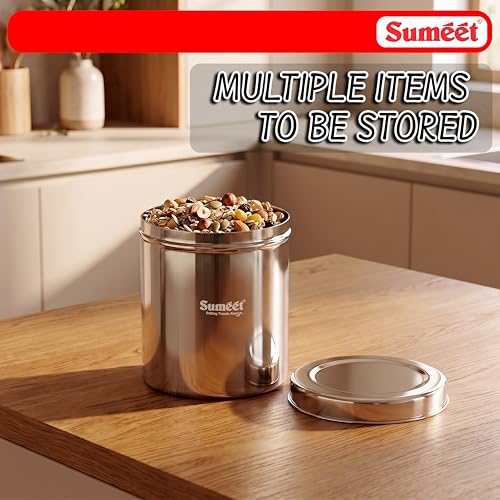 Image of Sumeet Stainless Steel Big Dabba /Canisters /Vertical Storage Container for Kitchen, 17cm Dia - 3500ml - (3.5Kg to 4Kg Approx)