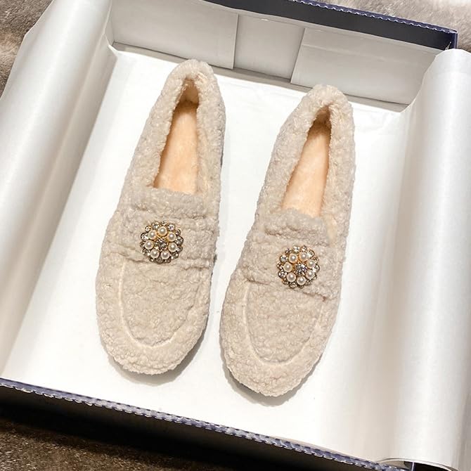 Women's Moccasin Slippers Warm Faux Fur Cozy Indoor Outdoor Moccasins with Rhinestones Loafers Shoes for Women Fuzzy Loafers3