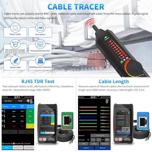 Image of Multifunction Network Caber Tester,UTP Ethernet Cable Tester,Cable Tracer,4 inch IPS Touch Screen Network Tester Support VFL,OPM,POE++ Detect,RJ45 TDR,Length,FTP,Network Tools IP /LLDP /CDP /PPPOE /Tracer