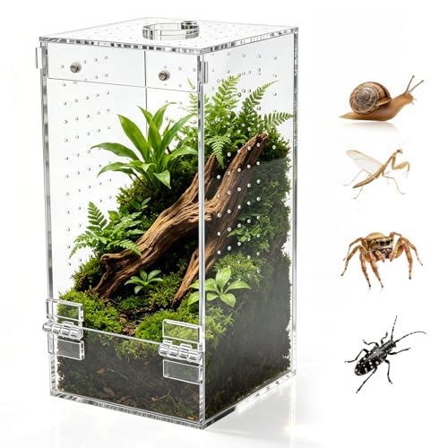 Homtone Acrylic Terrarium Insect Terrarium Spider Terrarium Snail Terrarium with Magnetic Door and Food Opening Suitable for Spiders Snails and Insects (10x10x20cm