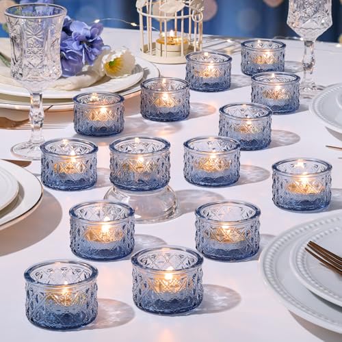 24 Pack Blue Tealight Candle Holders Glass Votive Candle Holders Bulk