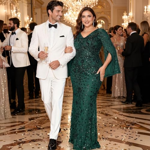 Image of Plus Size Formal Dresses for Women with Embroidery Sequin and Cape Sleeve, V-Neck Maxi Dress for Wedding and Party