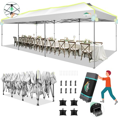 Image of COBIZI 10x30 Pop Up Canopy One Push Party Tent with Air Vent Waterproof Commercial Outdoor Patio Gazebo for Parties Wedding Backyard Events, 3 Adjustable Height, Wheeled Bag, Sandbag, Stakes, White