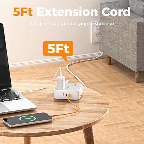 Image of TESSAN Surge Protector Power Strip, 5 Ft Flat Plug Extension Cord with 3 USB (2 USB C) 8 Outlets, 900J Protection, 3 Sided Outlet Extender with Power Switch for Office, Dorm Room, Grey