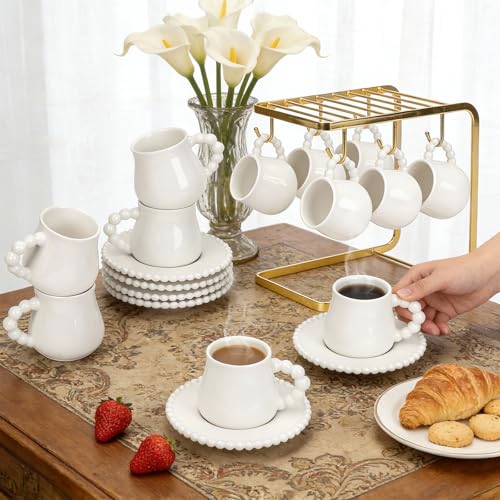 Hebaogugu Coffee Cup Set of 6 with Saucers, 3.5 OZ Ceramic Espresso Cups, Elegant Deco Turkish Coffee Cup Gift for Cappuccino, Latte, Cafe Mocha and Tea, Dishwasher & Microwave Safe (Pearl White)