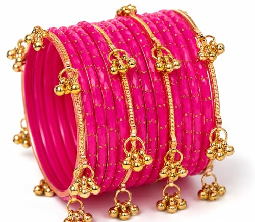 Image of JPS 16 Pcs Trendy Stylish Glass & Kashmiri Ghungroo Bangles Set for Women & Girls | Gold-Plated Traditional Festive Wedding Party Jewellery Chudi Set (12 Glass + 4 Metal)