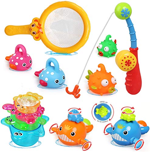 Dwi Dowellin Bath Toys Fishing Game Bathtub Toys Stacking Cups,Clockwork Pool Toys,Water Spray Octopus,Baby Bath Toys Set Tub Toys,Baby Bath Gift for Toddlers,Infant,Girls,Boys,Kids,12pcs