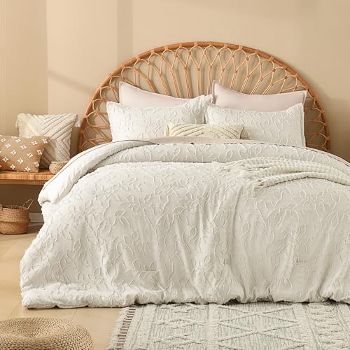 Image of Litanika Super King Plus Comforter Set Beige, 3 Piece Boho Tufted Bedding, Fluffy Farmhouse Bed Set for All Season with 2 Leaf Pattern Pillowcases(128x120In)
