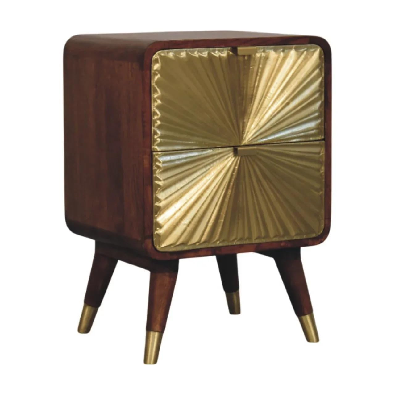 Wooden Bedside Table with Drawer Storage | Walnut and Golden Finish | Solid Wood with Decorative Metal Sheet | Modern Night Stand for Bedroom Living Room Home Office-picture-17